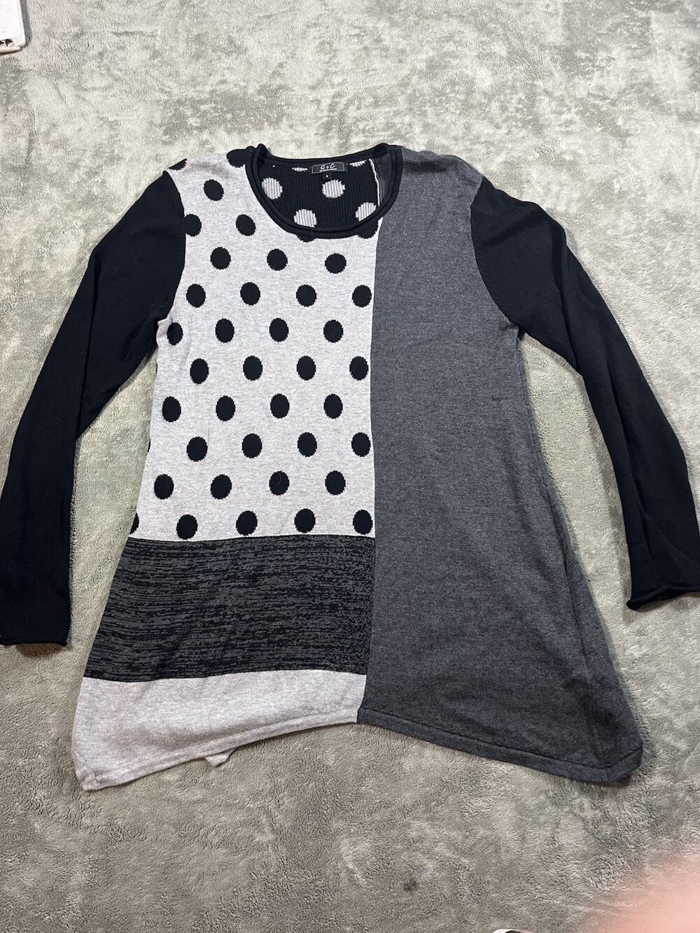 Polka Dot Colorblock Asymmetric Lagenlook Top G&C United Knitwear Women S